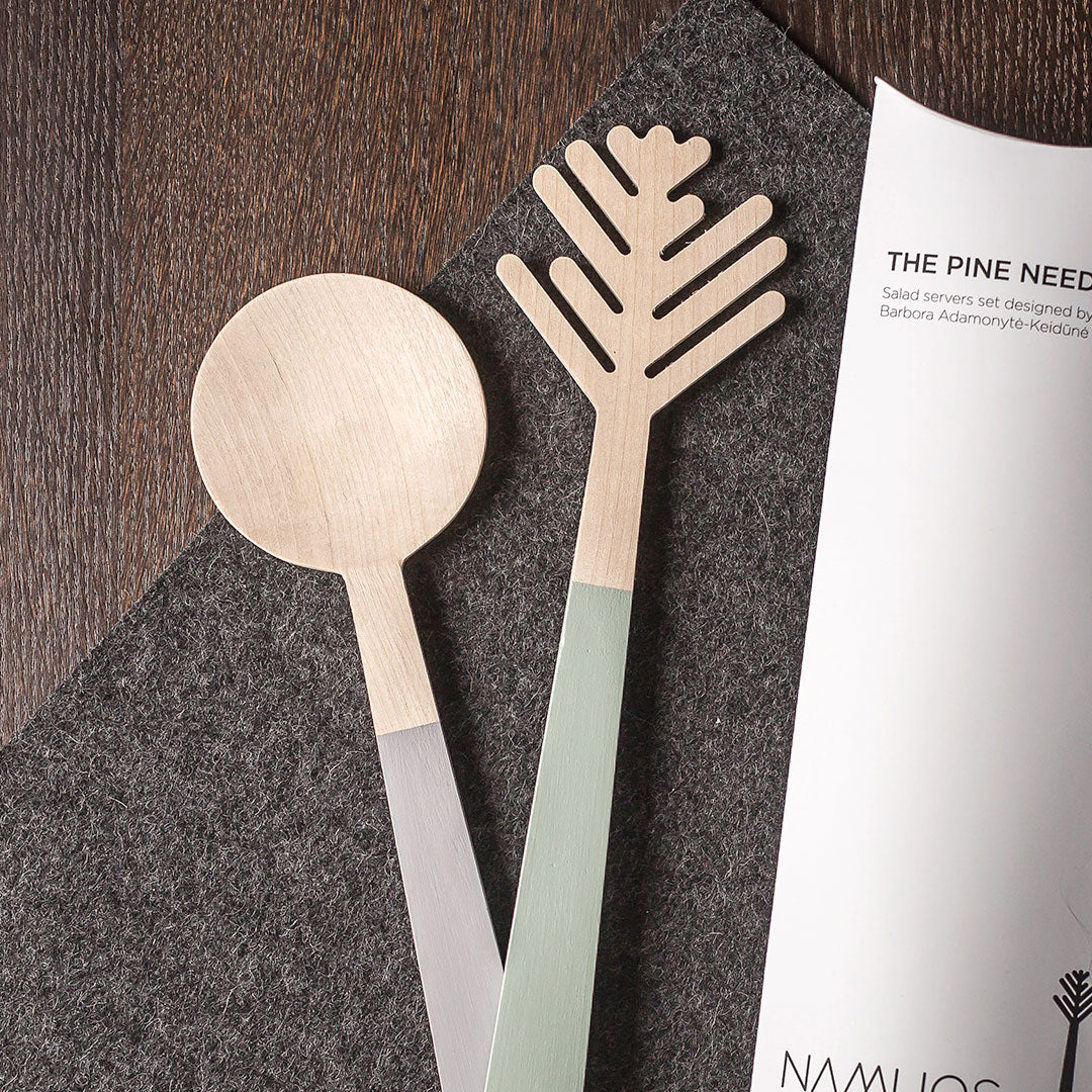 Salad Servers-Birch Wood Gray and Green Handles-Darling Spring